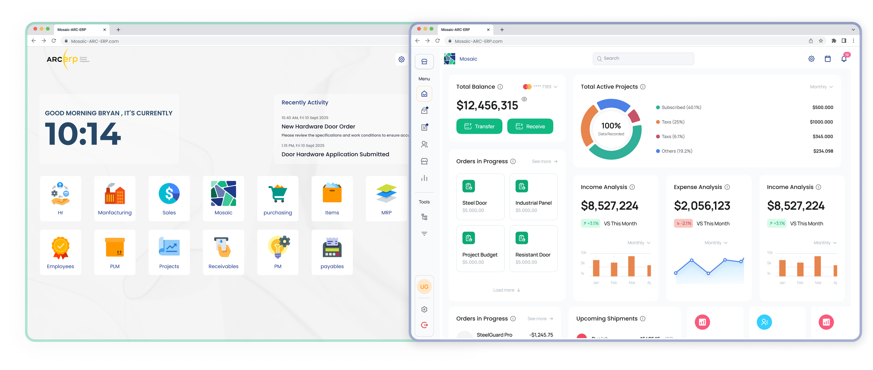 ARC ERP module launcher and Mosaic operational dashboard