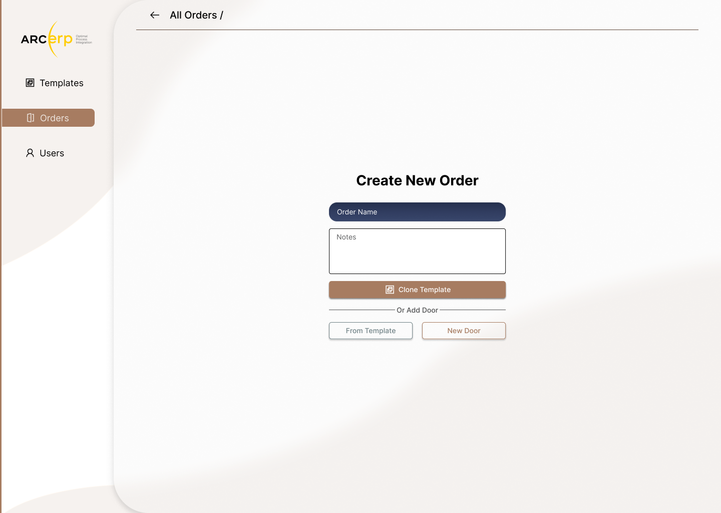 Existing ERP create-new-order form