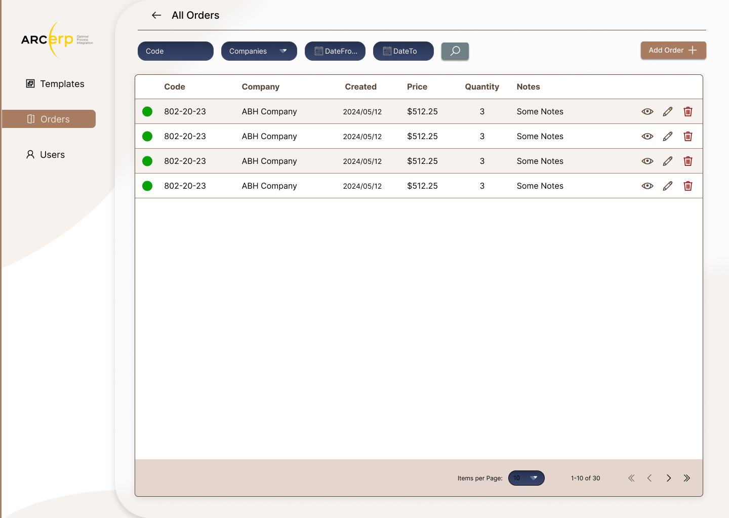 Existing ERP all-orders table