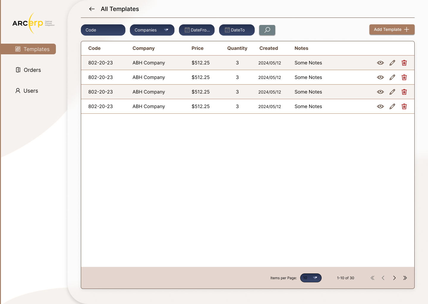 Existing ERP all-templates table