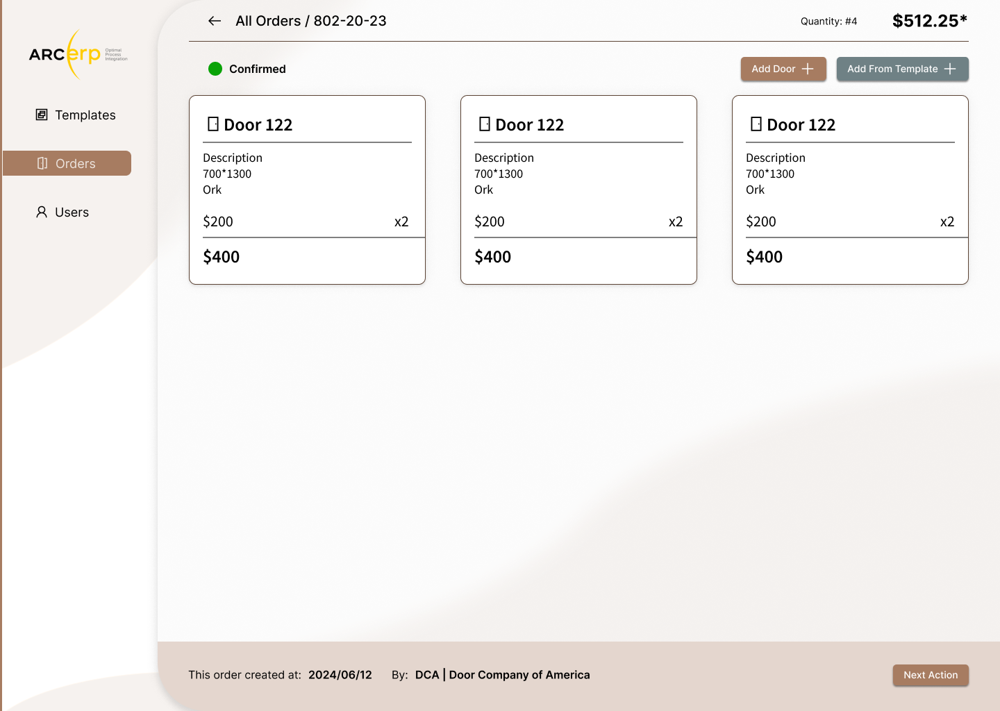 Existing ERP order detail with door cards
