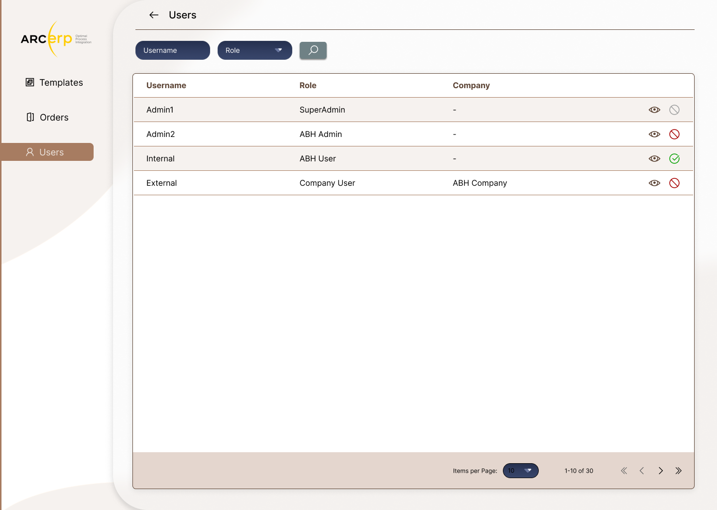 Existing ERP user-management table