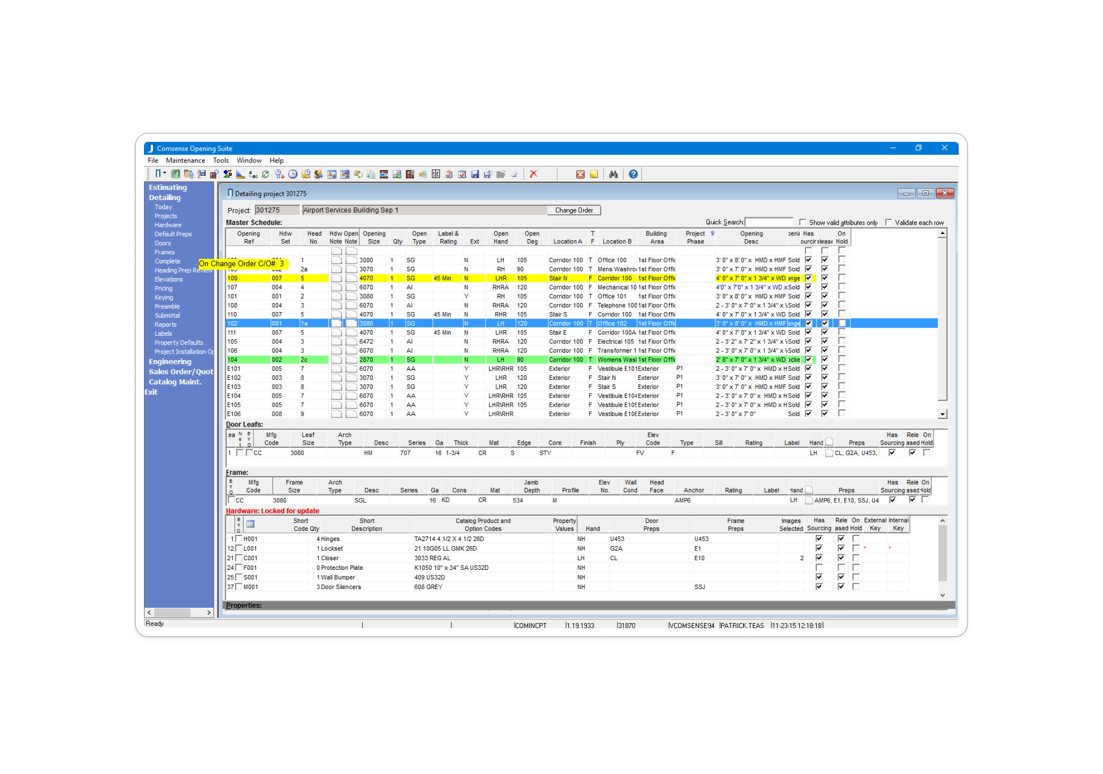 Comsense Enterprise detailing and opening schedule interface