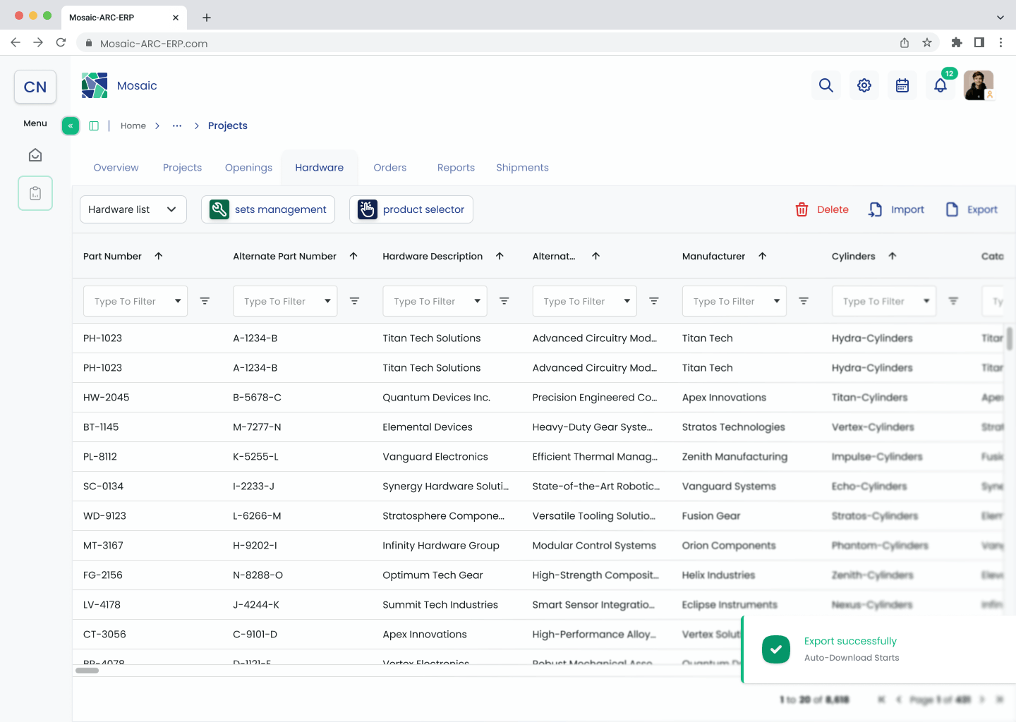 Hardware list showing a successful export notification