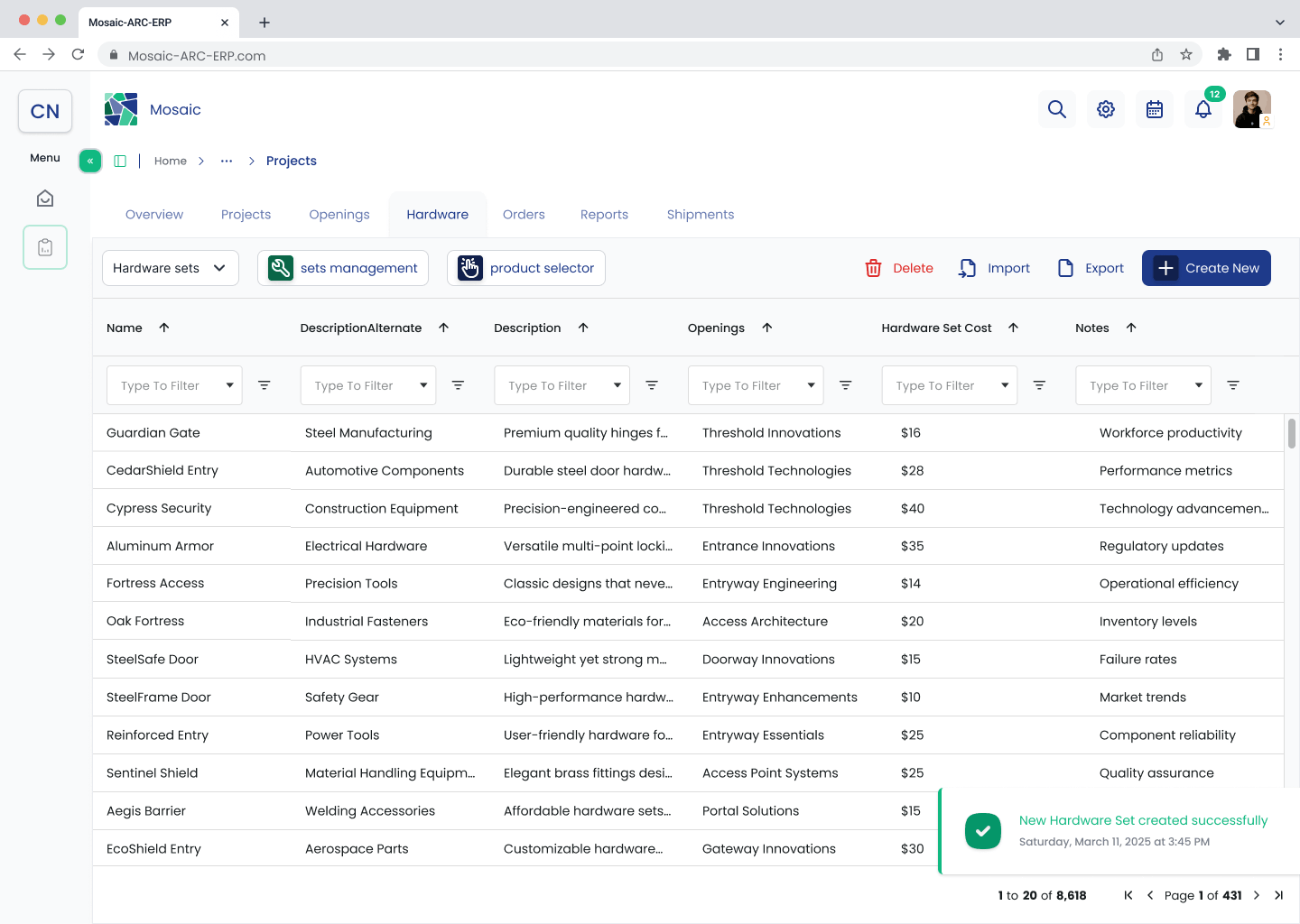 Hardware Sets list showing a successful creation notification