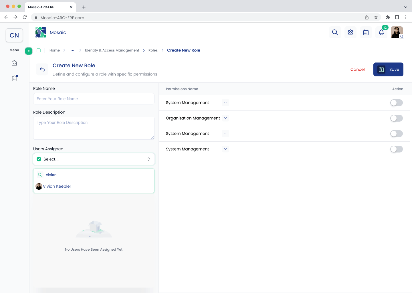 Create New Role screen with an assigned-user search for Vivian