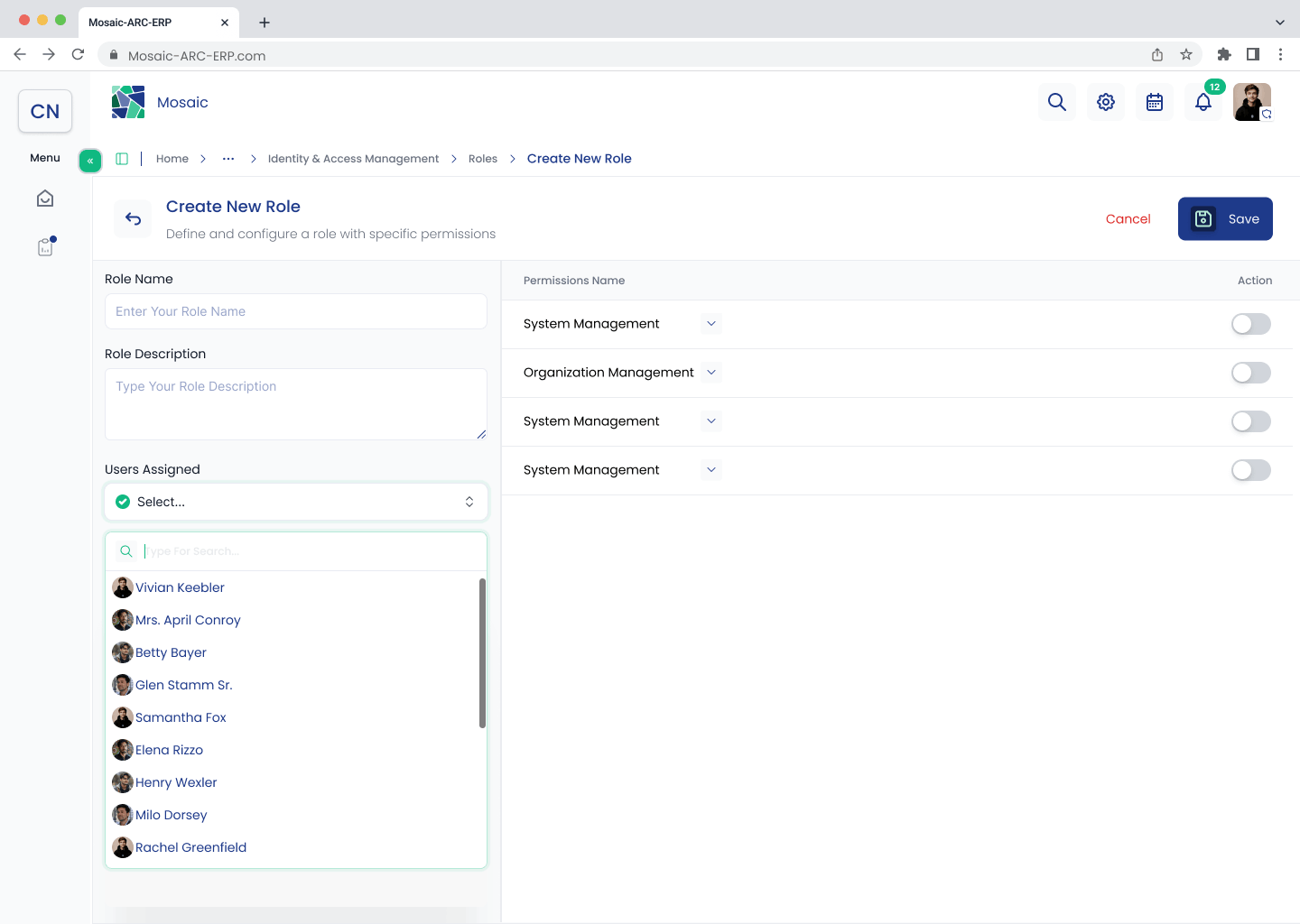 Create New Role screen with the assigned-user list open