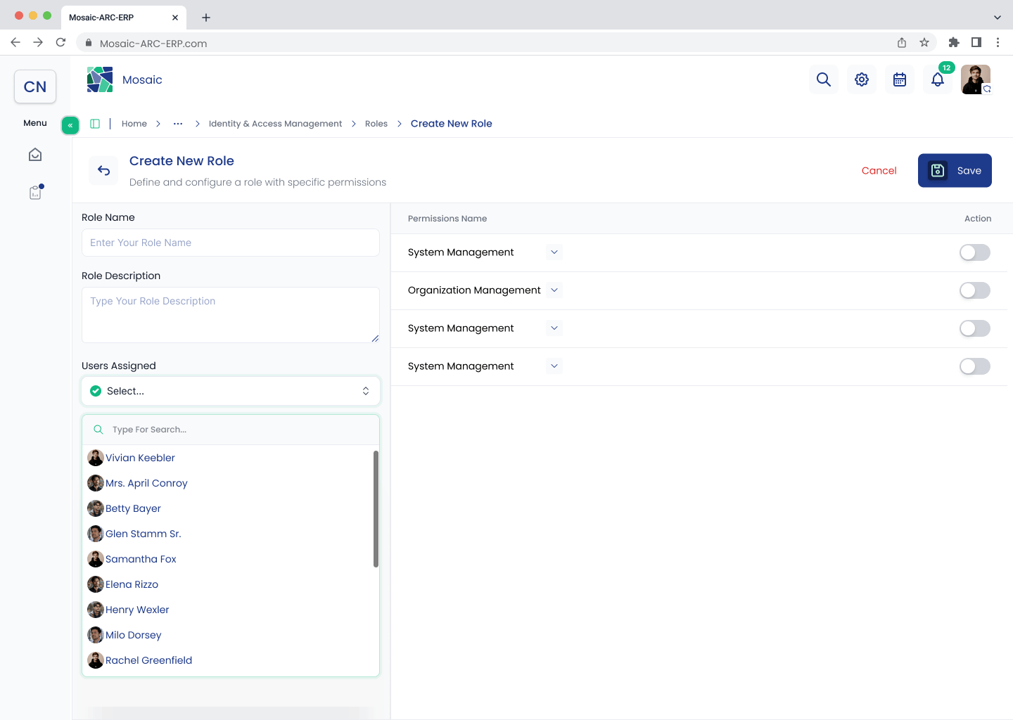 Create New Role screen with the assigned-user search field active