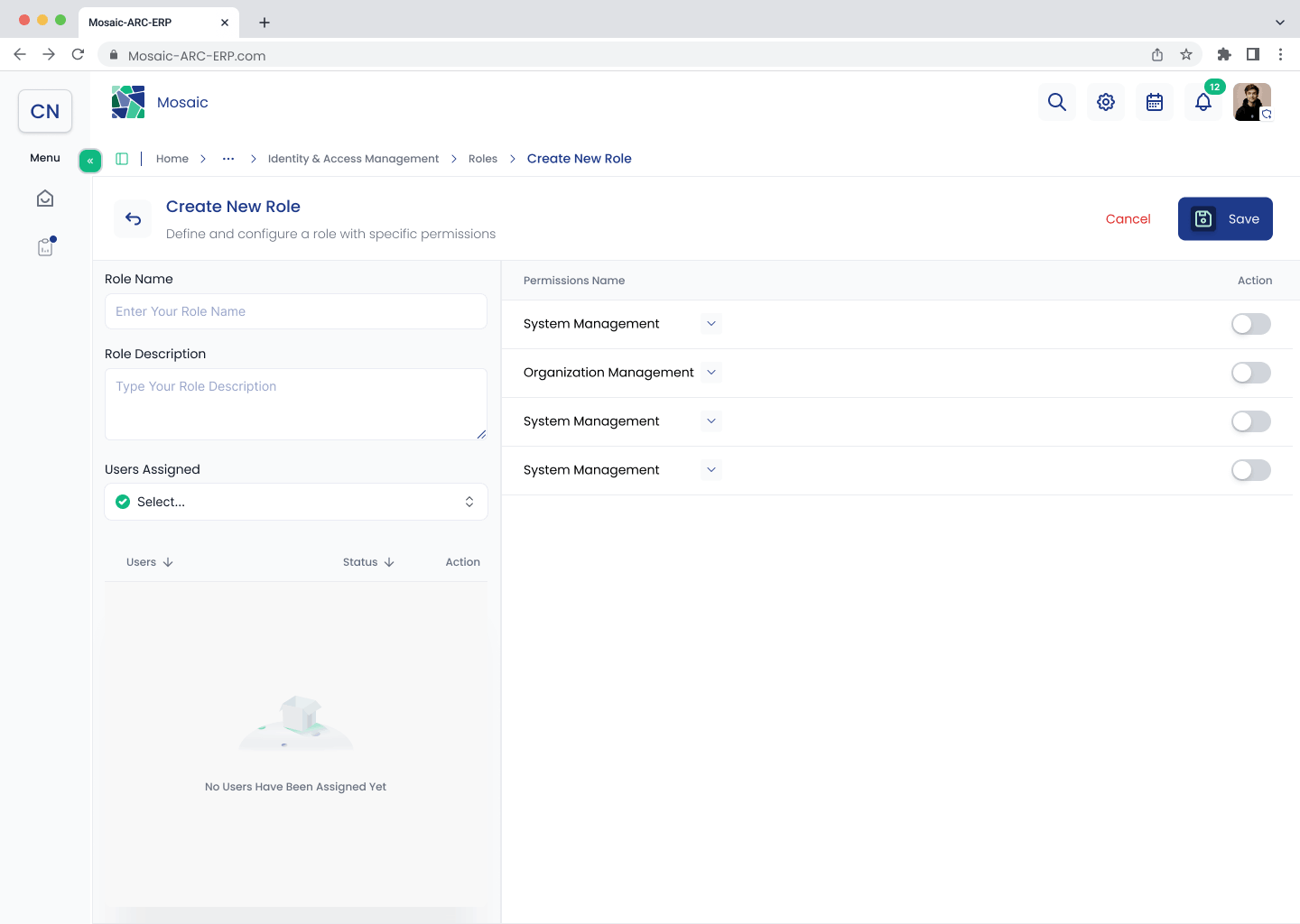 Create New Role screen before users are assigned