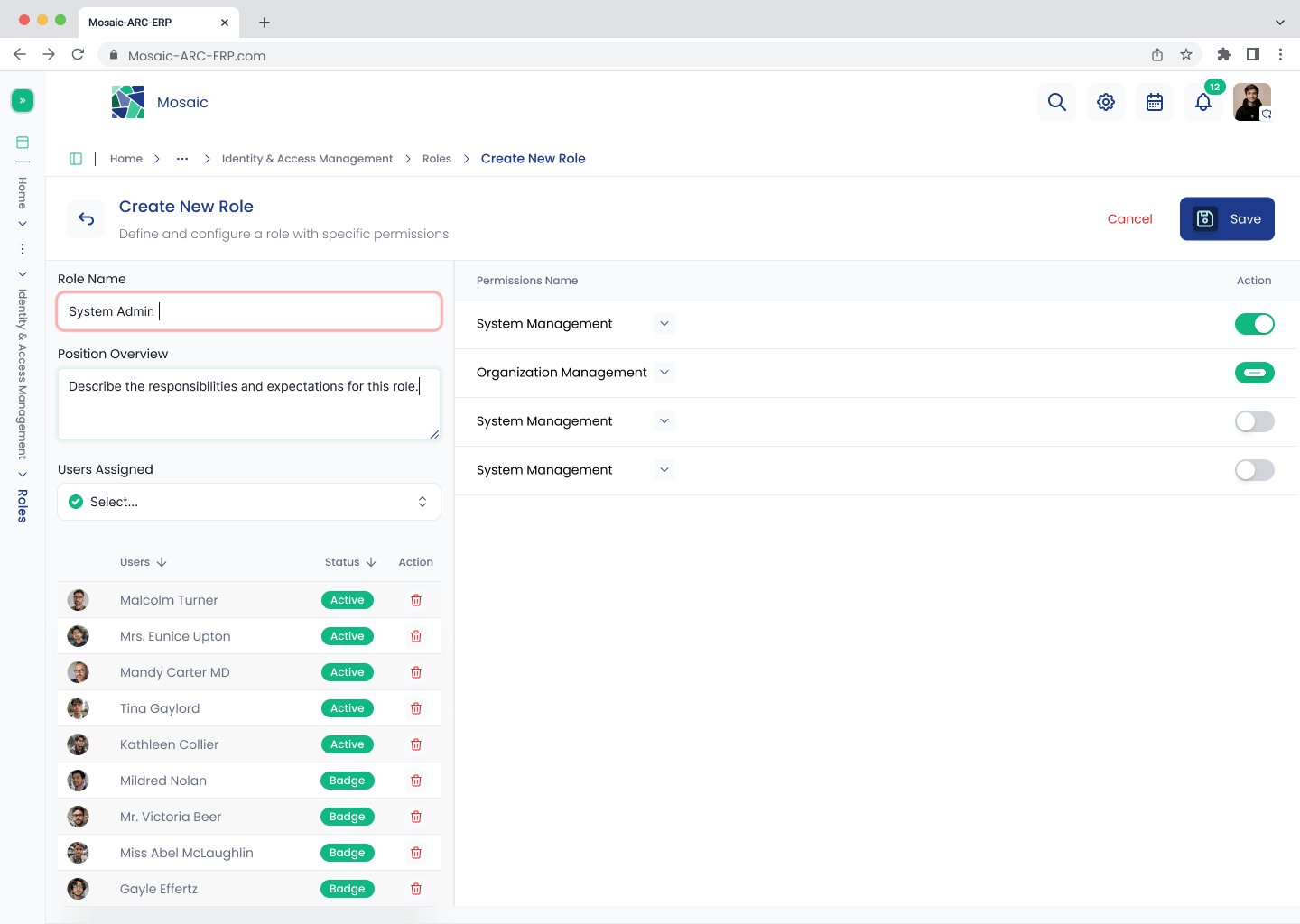 Configured System Admin role with assigned users and permission switches
