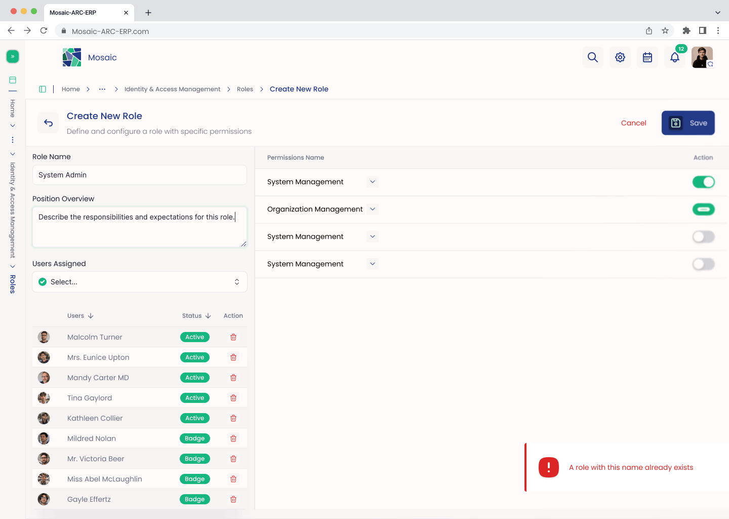 Create New Role screen showing a duplicate-role error notification