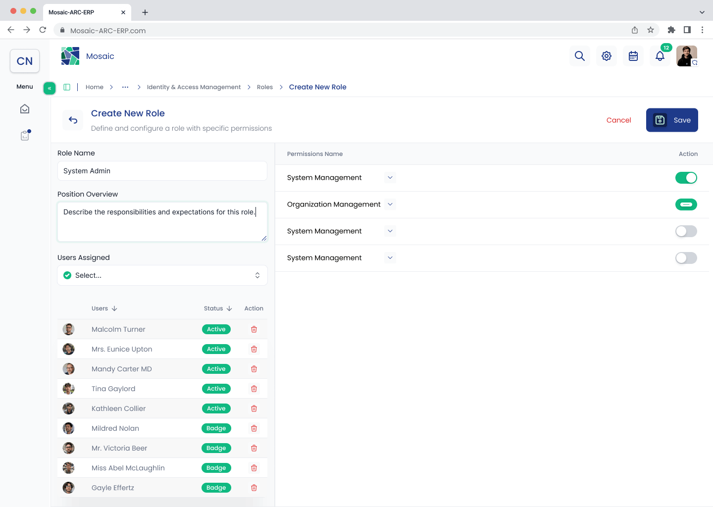 Create New Role form with role details and assigned users