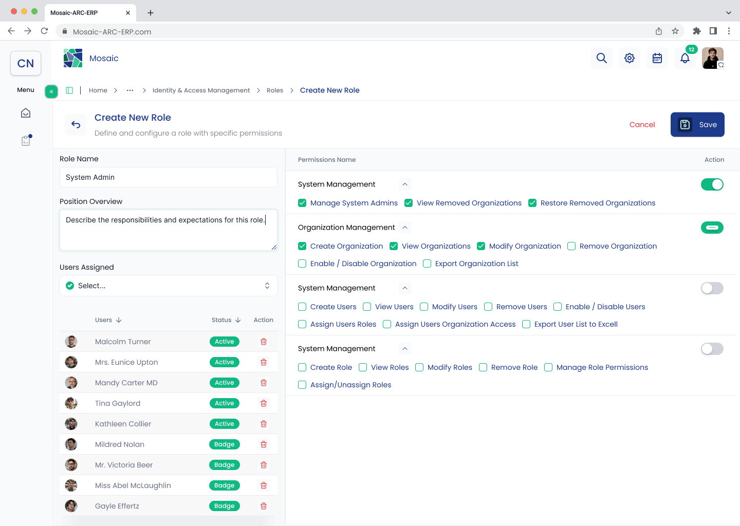 Create New Role screen with expanded permission groups and checkboxes