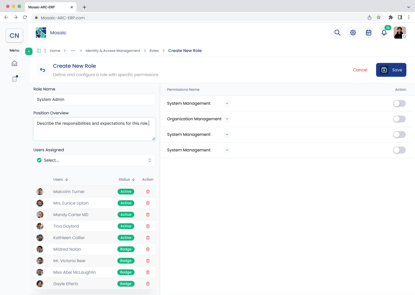 Create New Role screen with assigned users and collapsed permissions