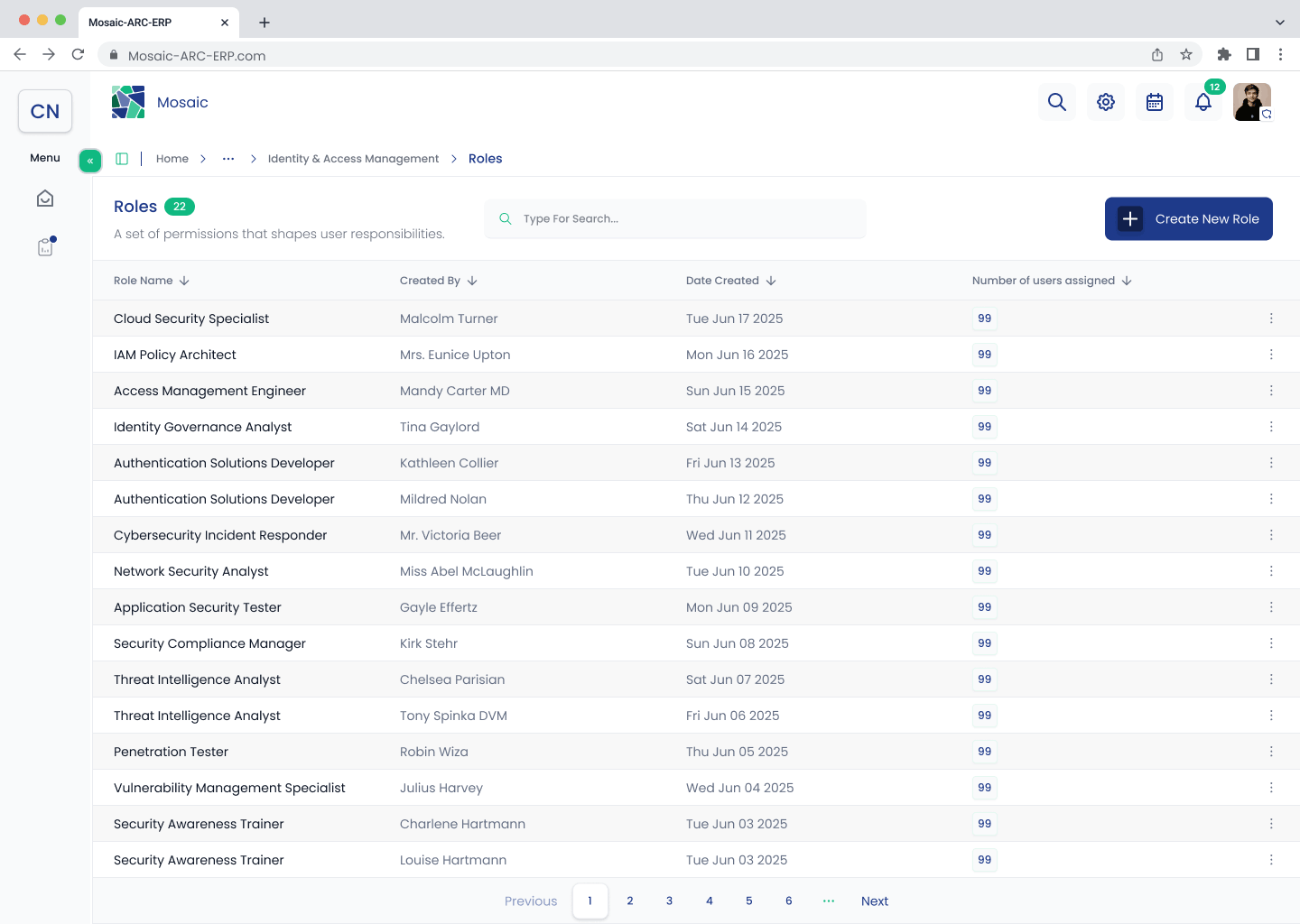 Roles list with the Create New Role action