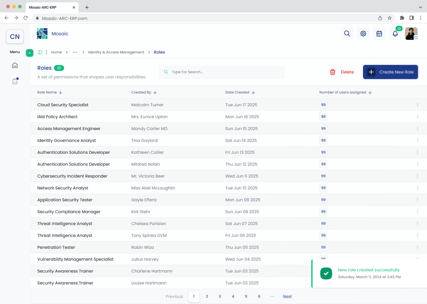Roles list showing a successful role-creation notification