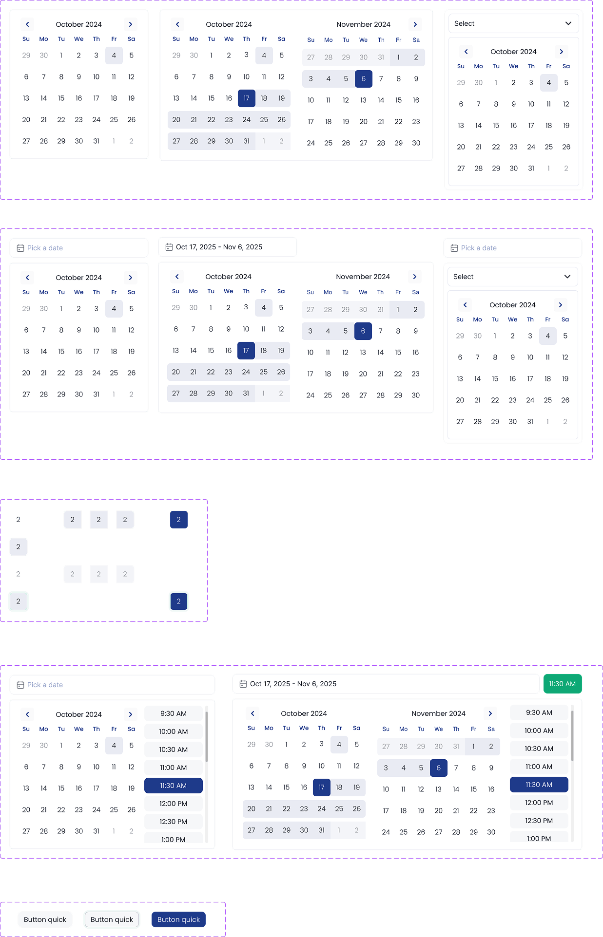 Mosaic date, range, and time picker component states