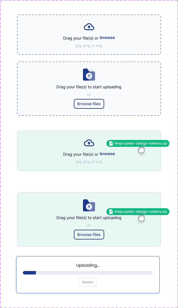 Mosaic file-uploader drag, browse, selected, and progress states