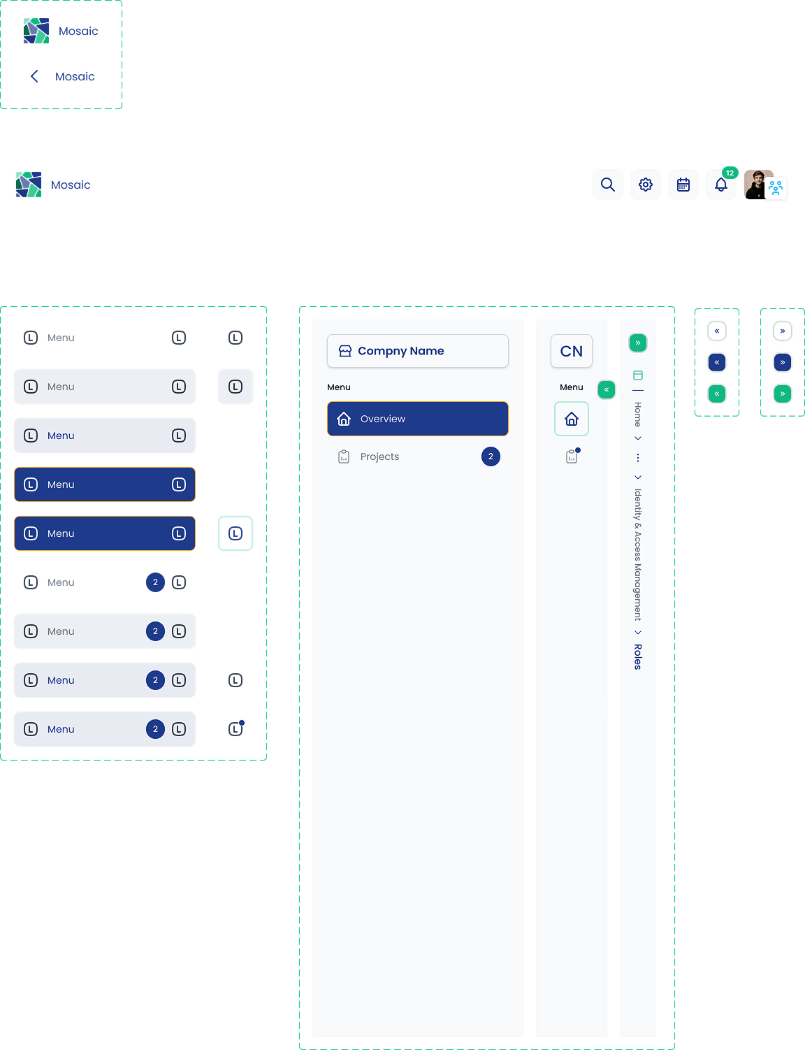 Mosaic logos, utility navigation, menu items, and sidebar states