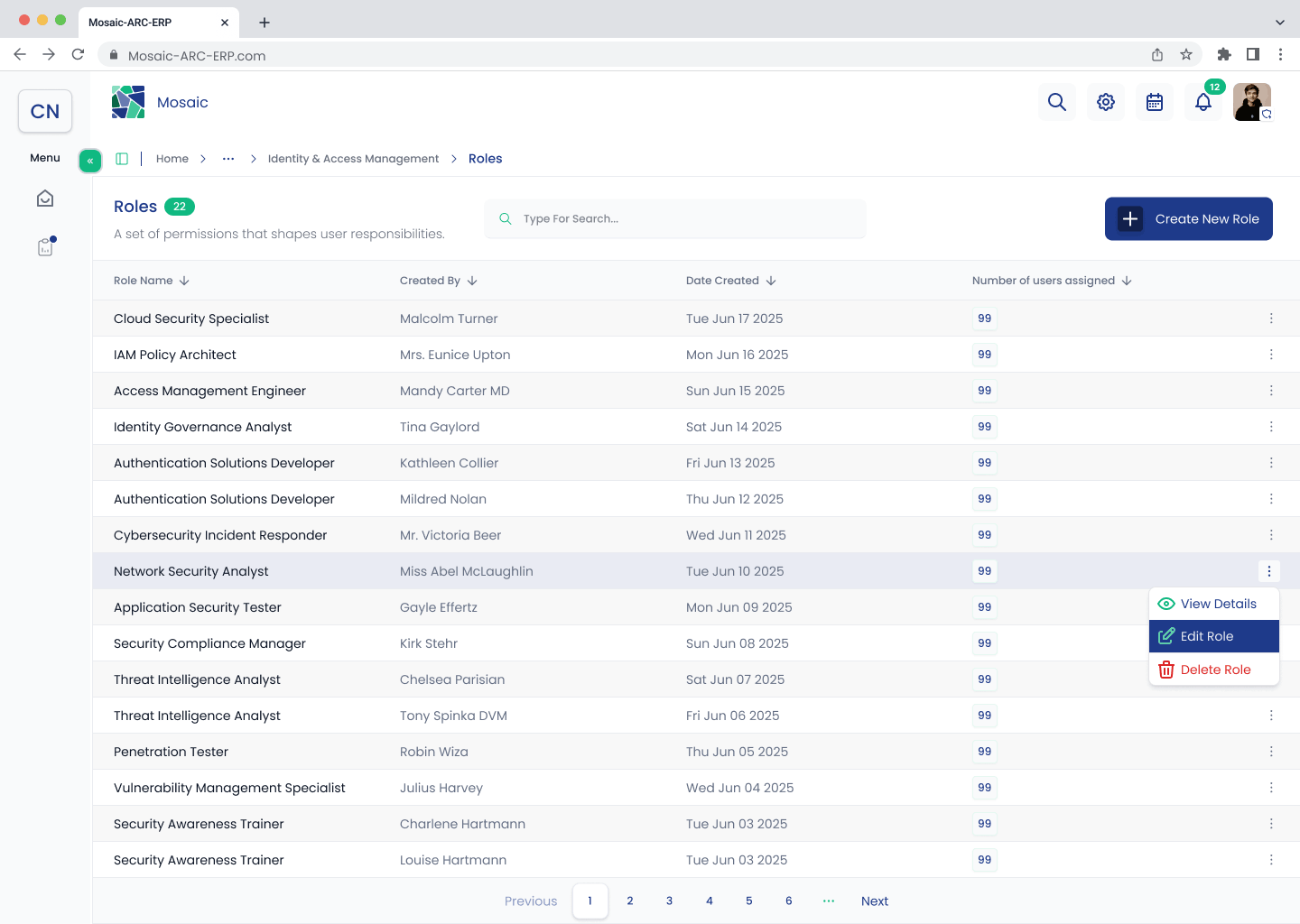 Roles list with the Edit Role action open