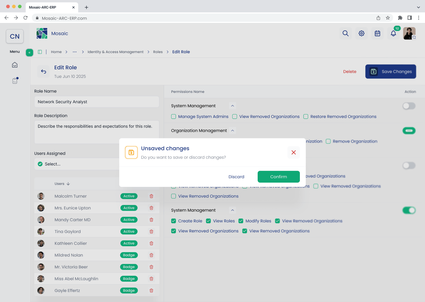 Edit Role screen showing the unsaved changes confirmation dialog