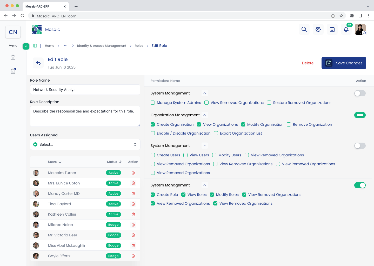 Edit Role screen with expanded permissions and selected access rules