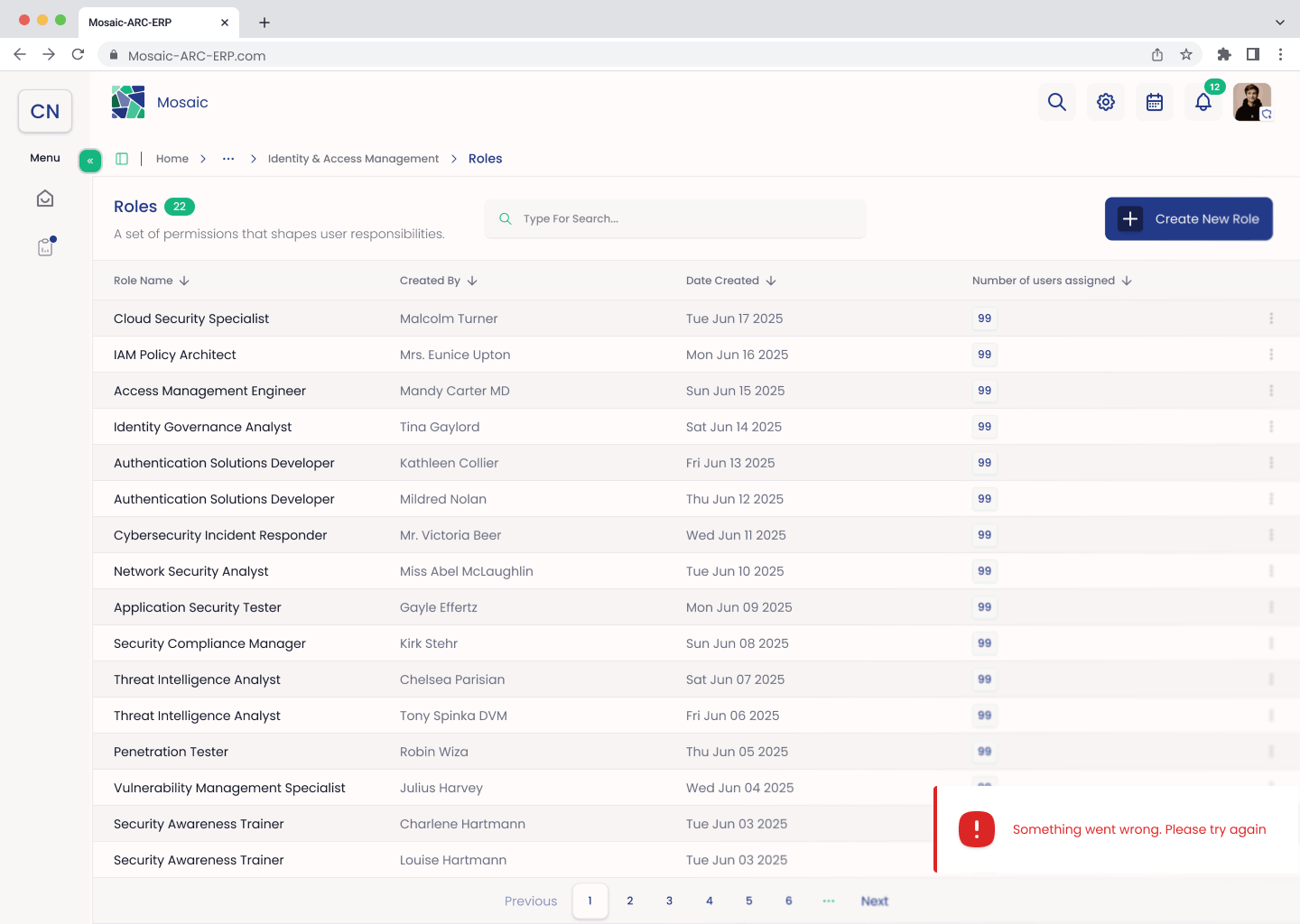 Roles list showing an error notification after an update attempt