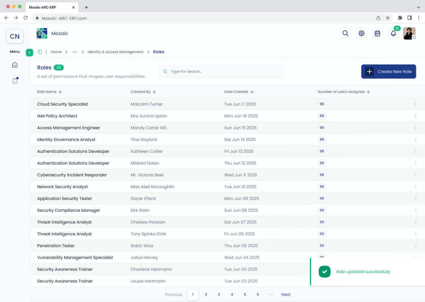 Roles list showing the successful role update notification