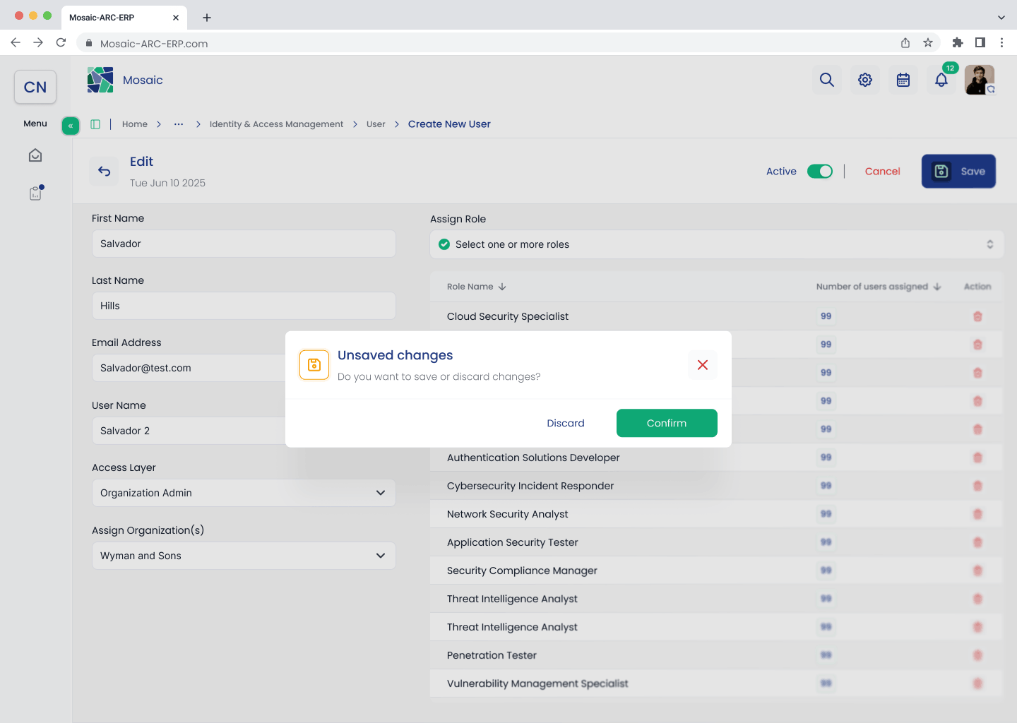 Edit user screen showing the unsaved changes confirmation dialog