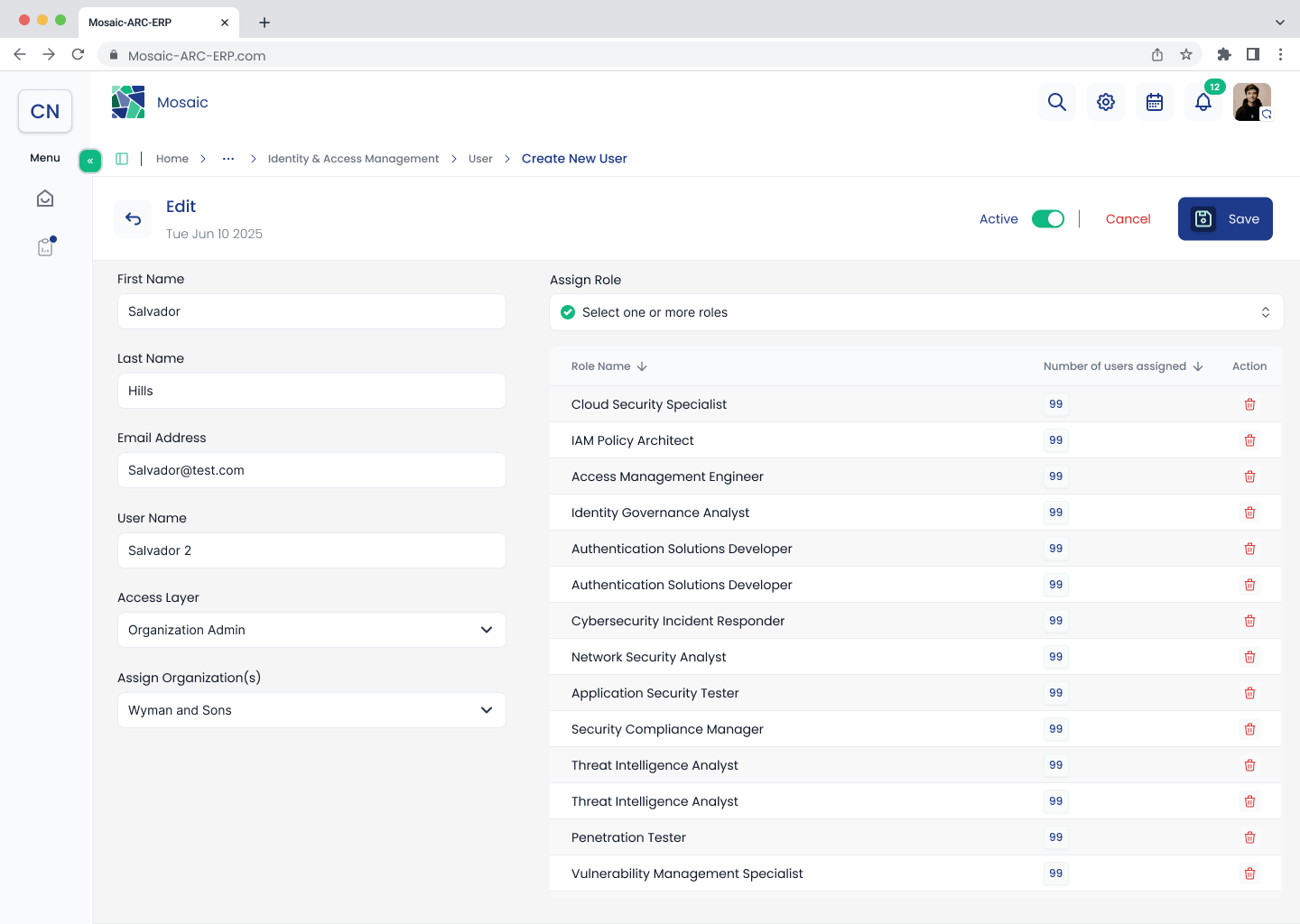 Edit user screen with profile, organization, and assigned roles