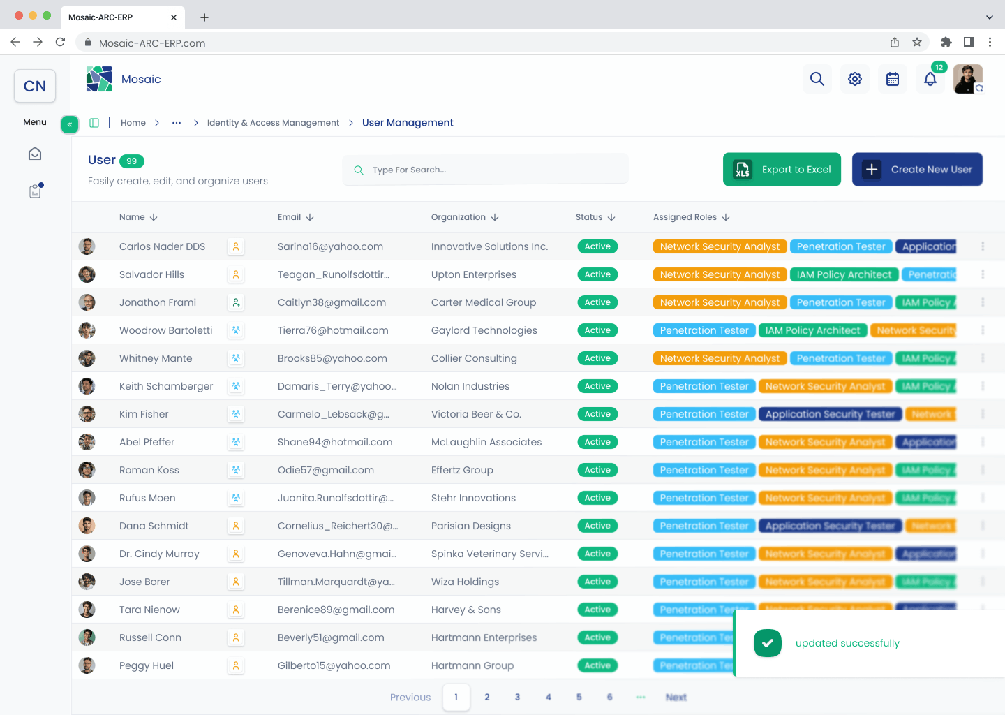 User Management list showing a successful update notification