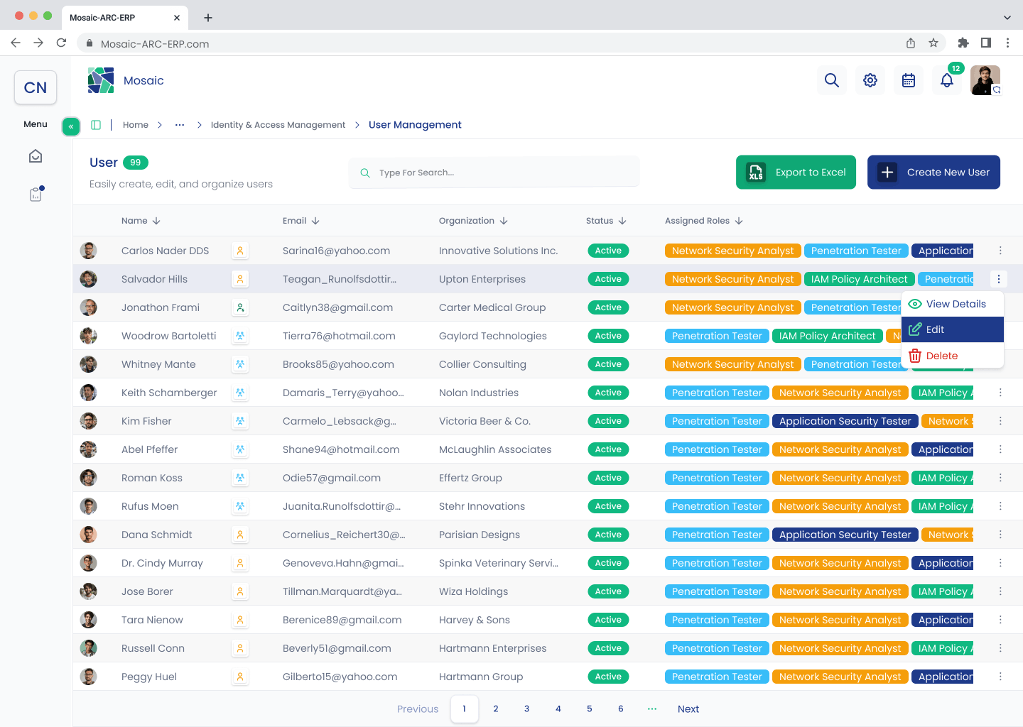 User Management list with the Edit action open