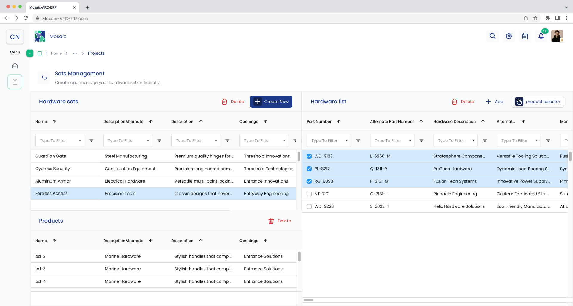 Sets Management screen with three hardware records selected