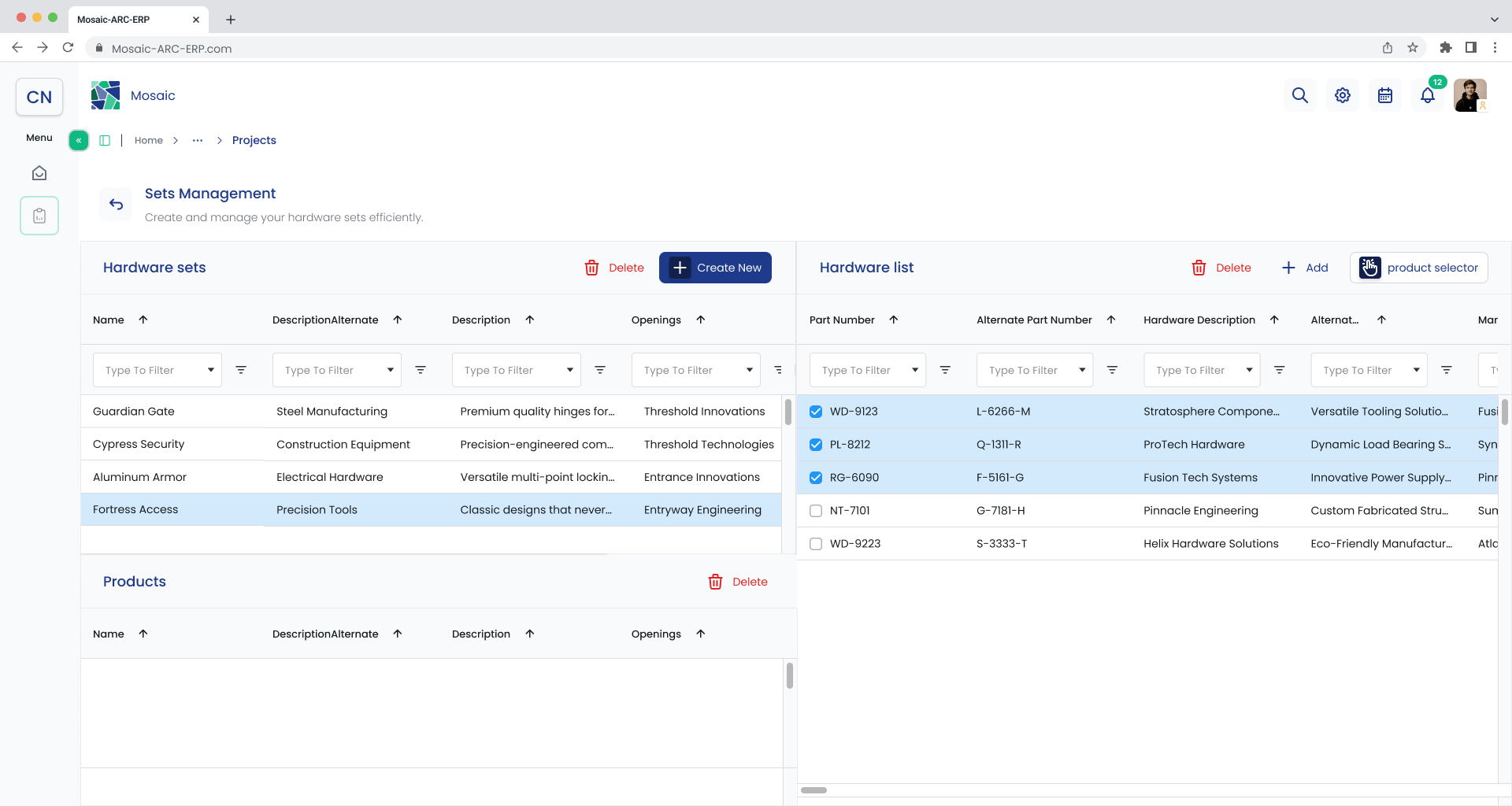 Sets Management screen with two hardware records selected