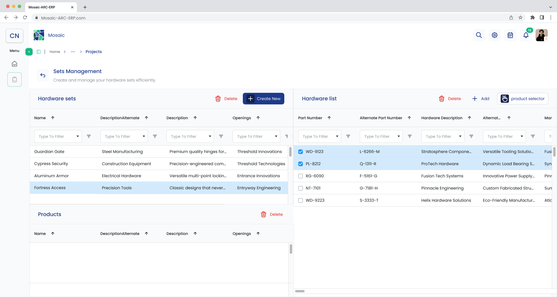 Sets Management screen with two selected hardware records and an empty products list