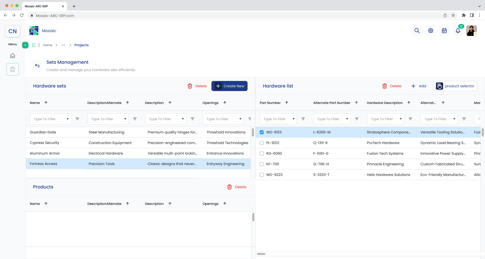 Sets Management screen with one hardware record selected