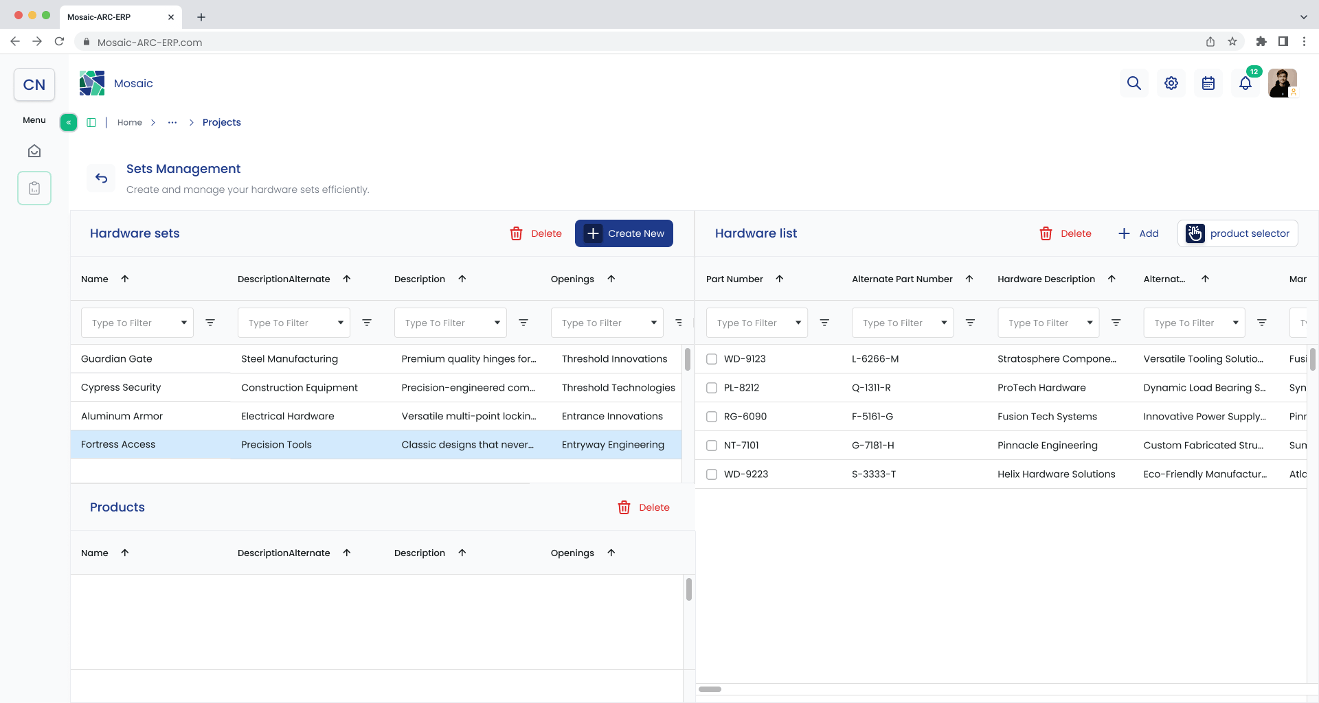 Sets Management screen with an empty products list