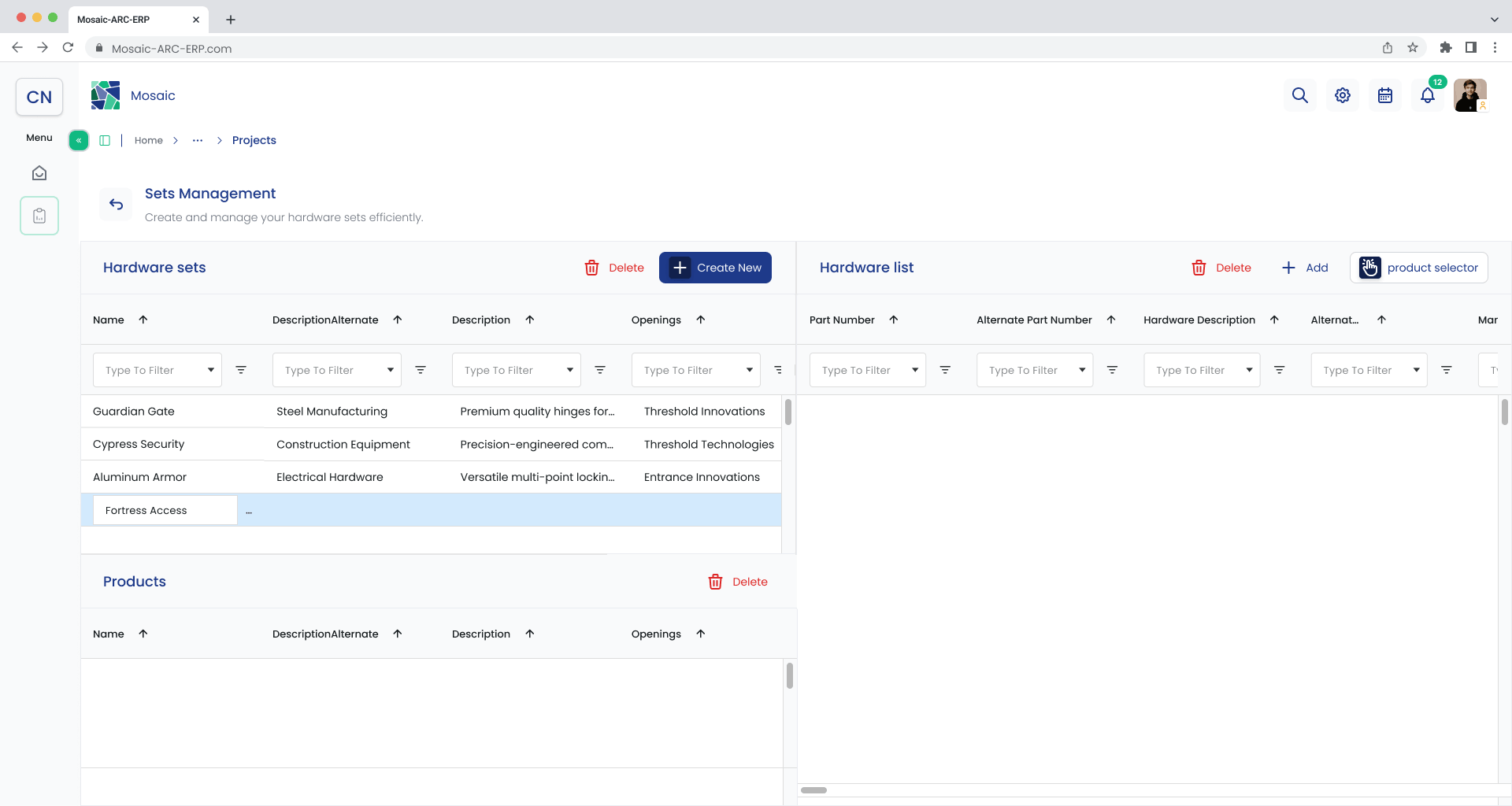 Sets Management screen with a selected hardware set in inline edit mode