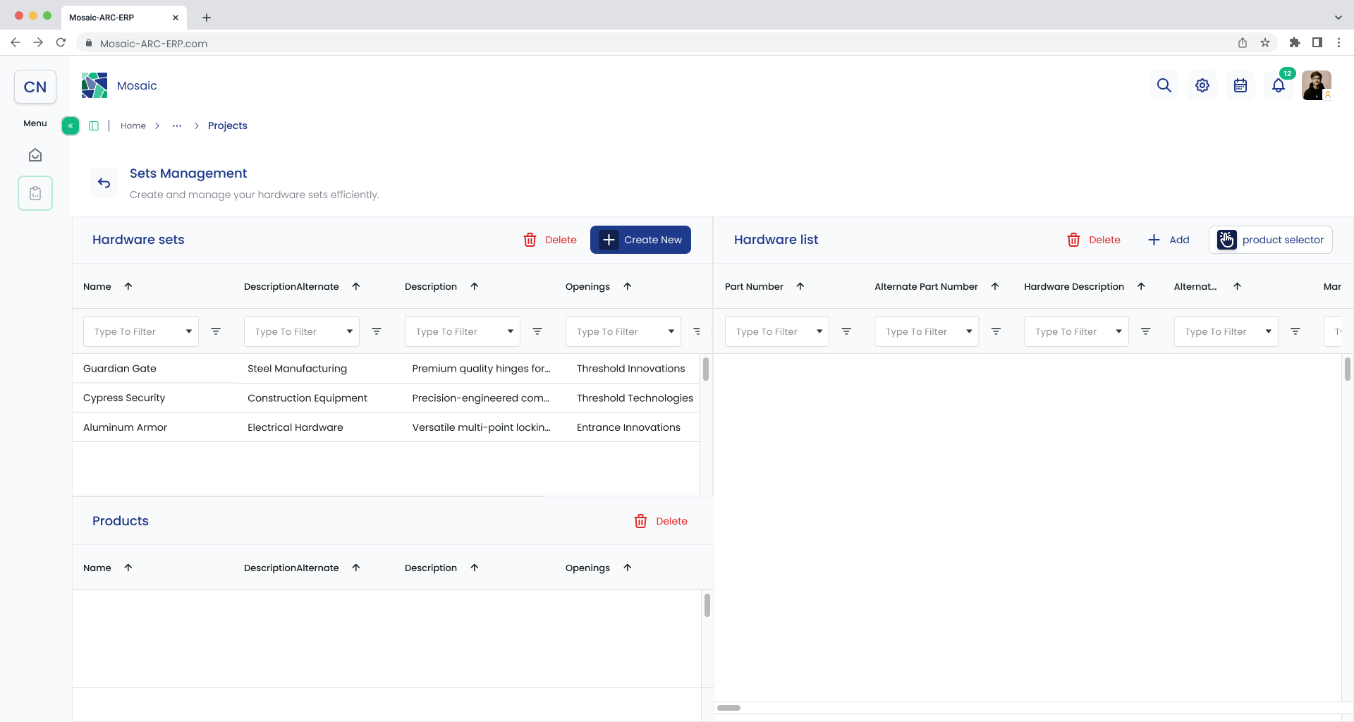 Sets Management screen before selecting a hardware set
